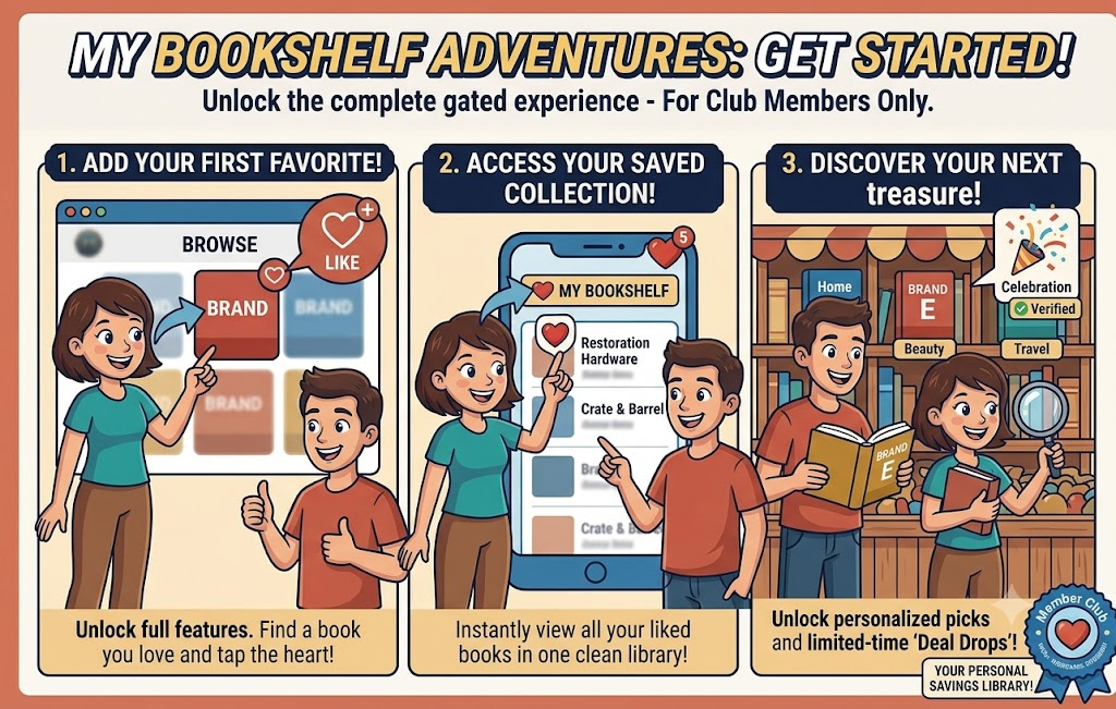 My Bookshelf Adventures: Get Started — 3 steps showing how to like a brand, access your saved collection, and discover your next deal